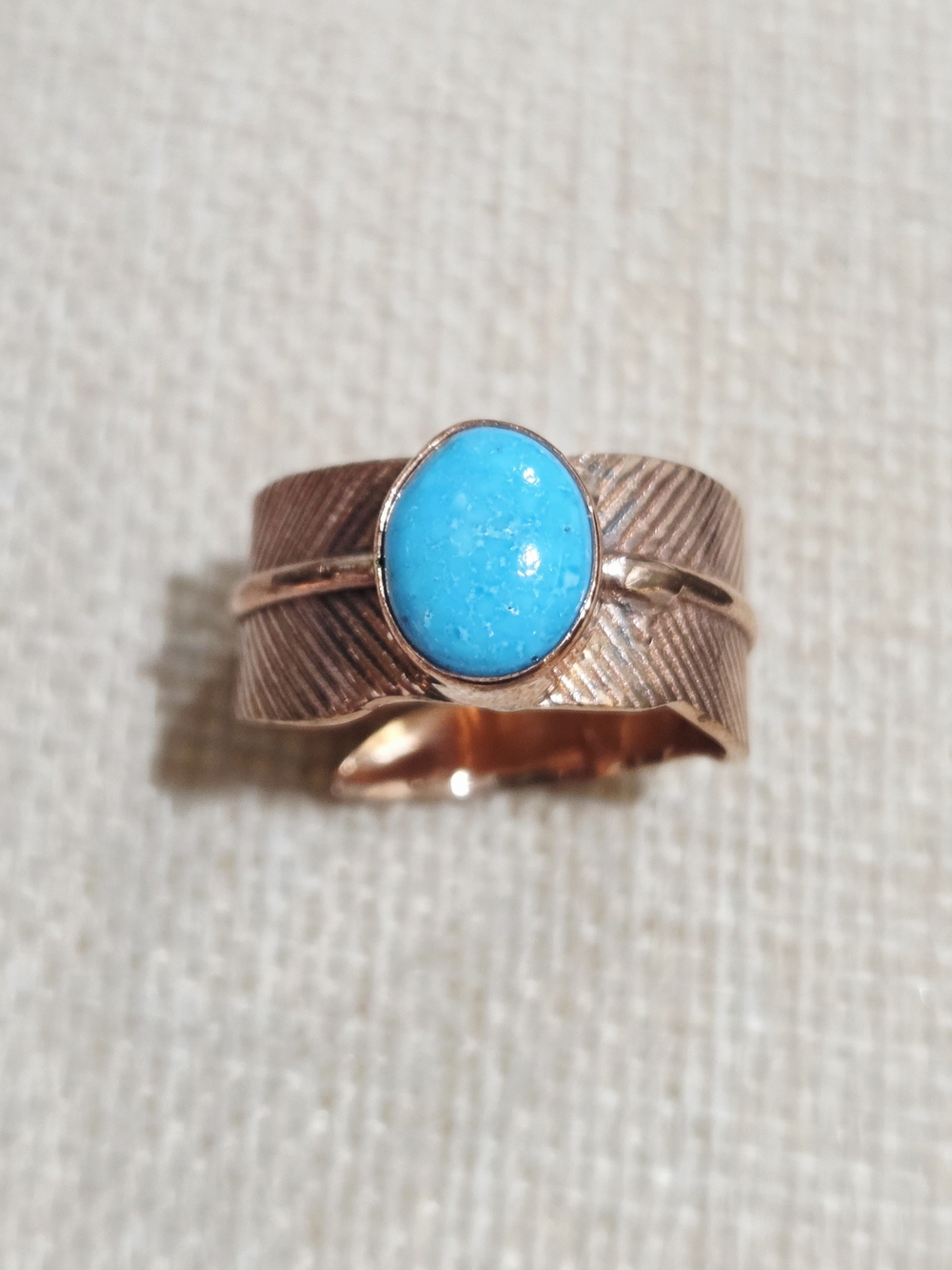 White Water Turquoise Stone  Textured Copper Band Ring